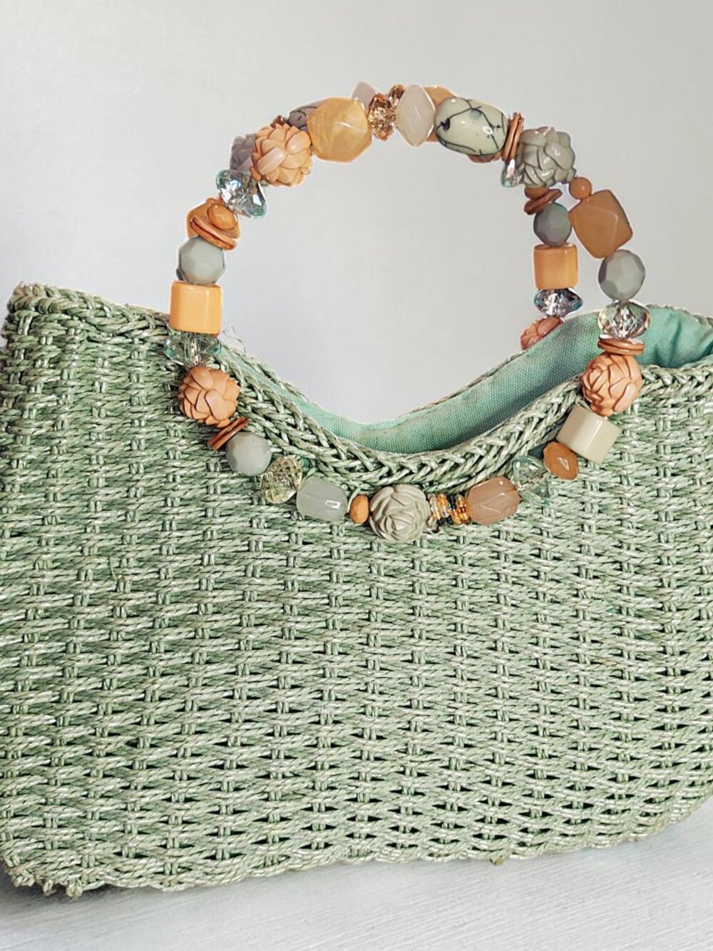 Cappelli Straworld Seafoam Green Straw Woven Handbag Beaded Handle Tote Purse - Picture 2 of 3
